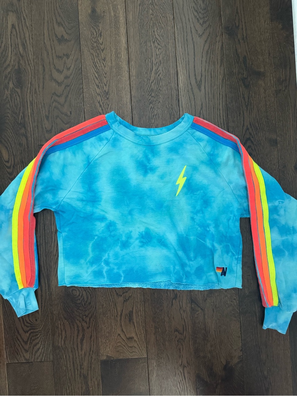 Aviator Nation Blue Tie-Dye Cropped Sweatshirt with Rainbow Sleeve Stripes